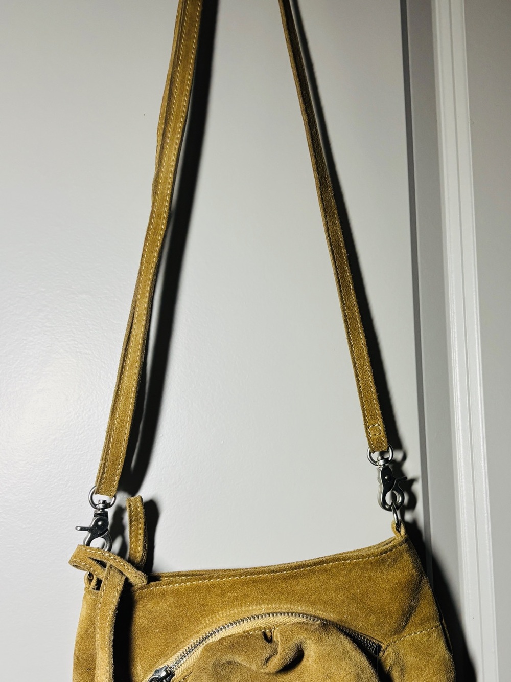 Women's Mustard Suede Crossbody Bag with Front Zip Pocket
